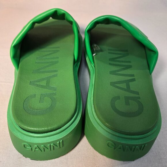 GANNI Green Vegea Slides Embossed Logo Slip-On Flat Platform Sandals Size 8.5/9. - Picture 15 of 16
